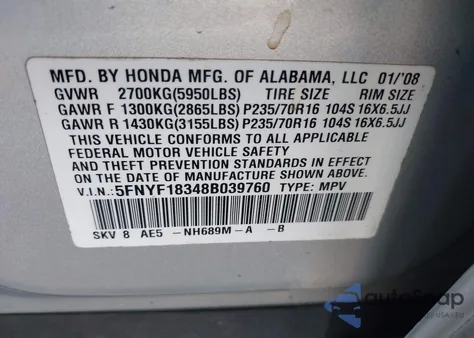 2008 Honda Pilot Se from USA, damaged, VIN 5FNYF18348B039760